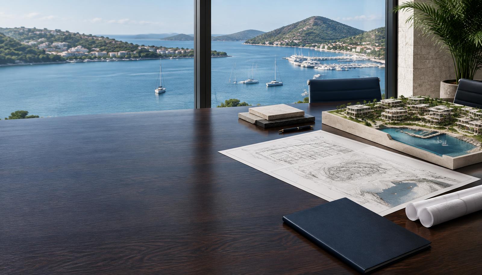 Plans and a project model in a Caribbean boardroom